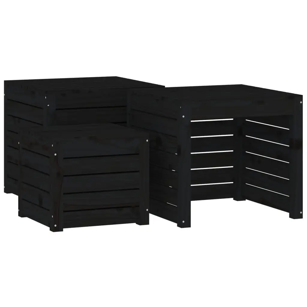 Garden Storage Box Set 3 Piece Black Solid Wood Pine Outdoor Furniture