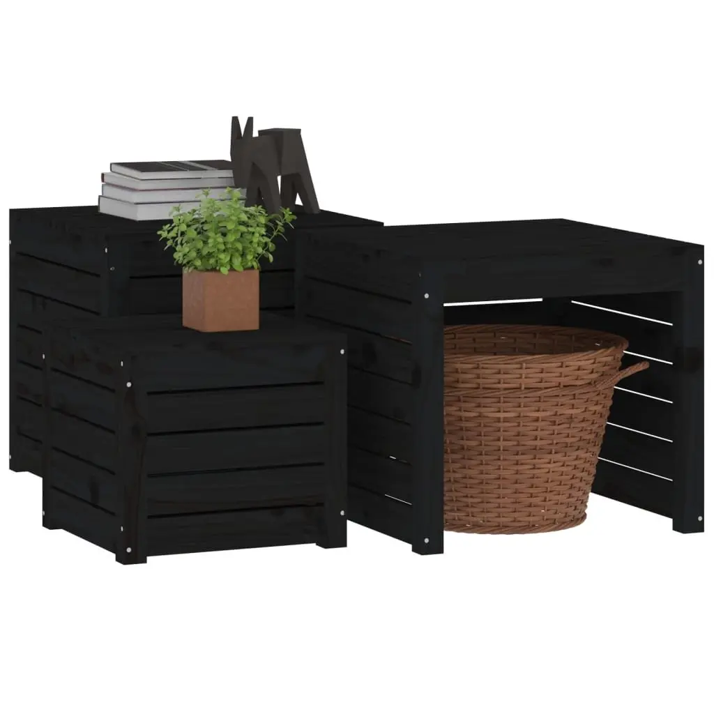 Garden Storage Box Set 3 Piece Black Solid Wood Pine Outdoor Furniture