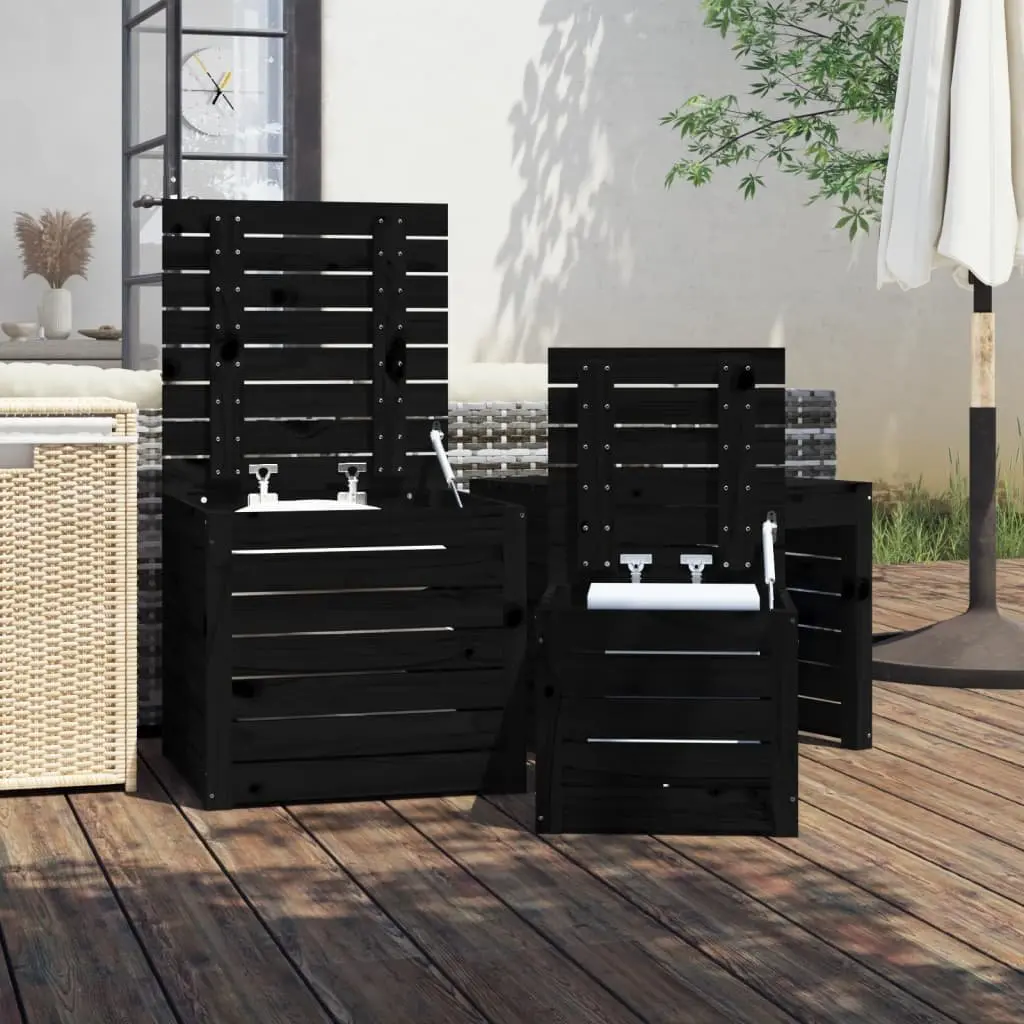 Garden Storage Box Set 3 Piece Black Solid Wood Pine Outdoor Furniture