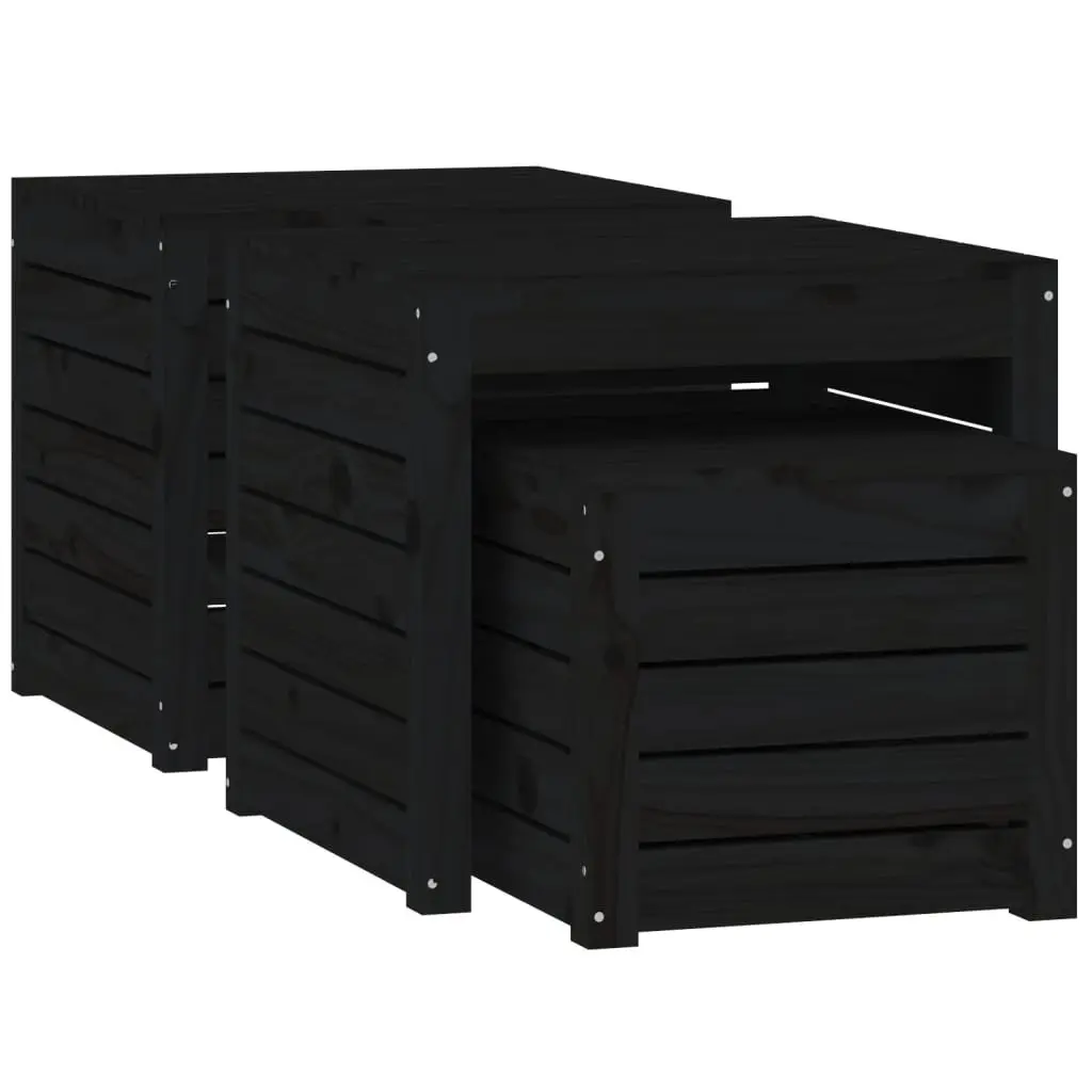 Garden Storage Box Set 3 Piece Black Solid Wood Pine Outdoor Furniture