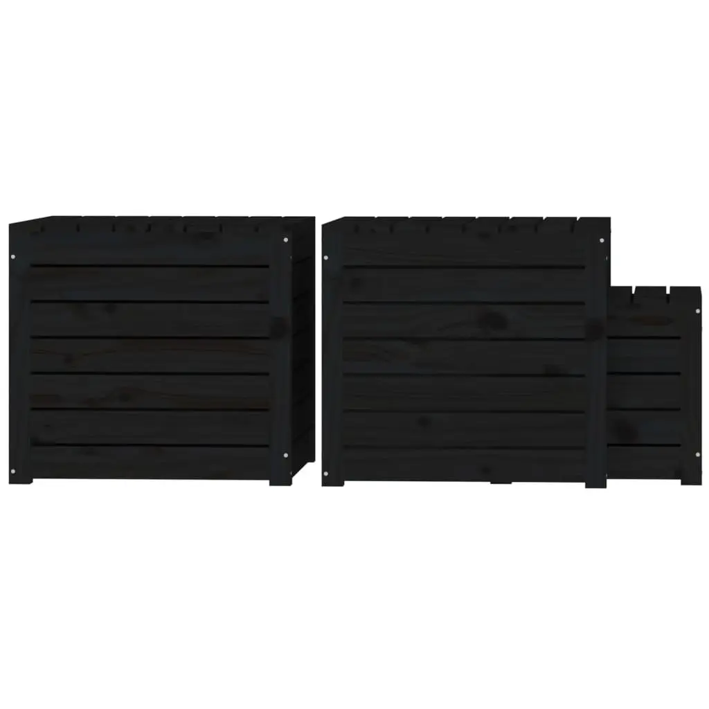 Garden Storage Box Set 3 Piece Black Solid Wood Pine Outdoor Furniture