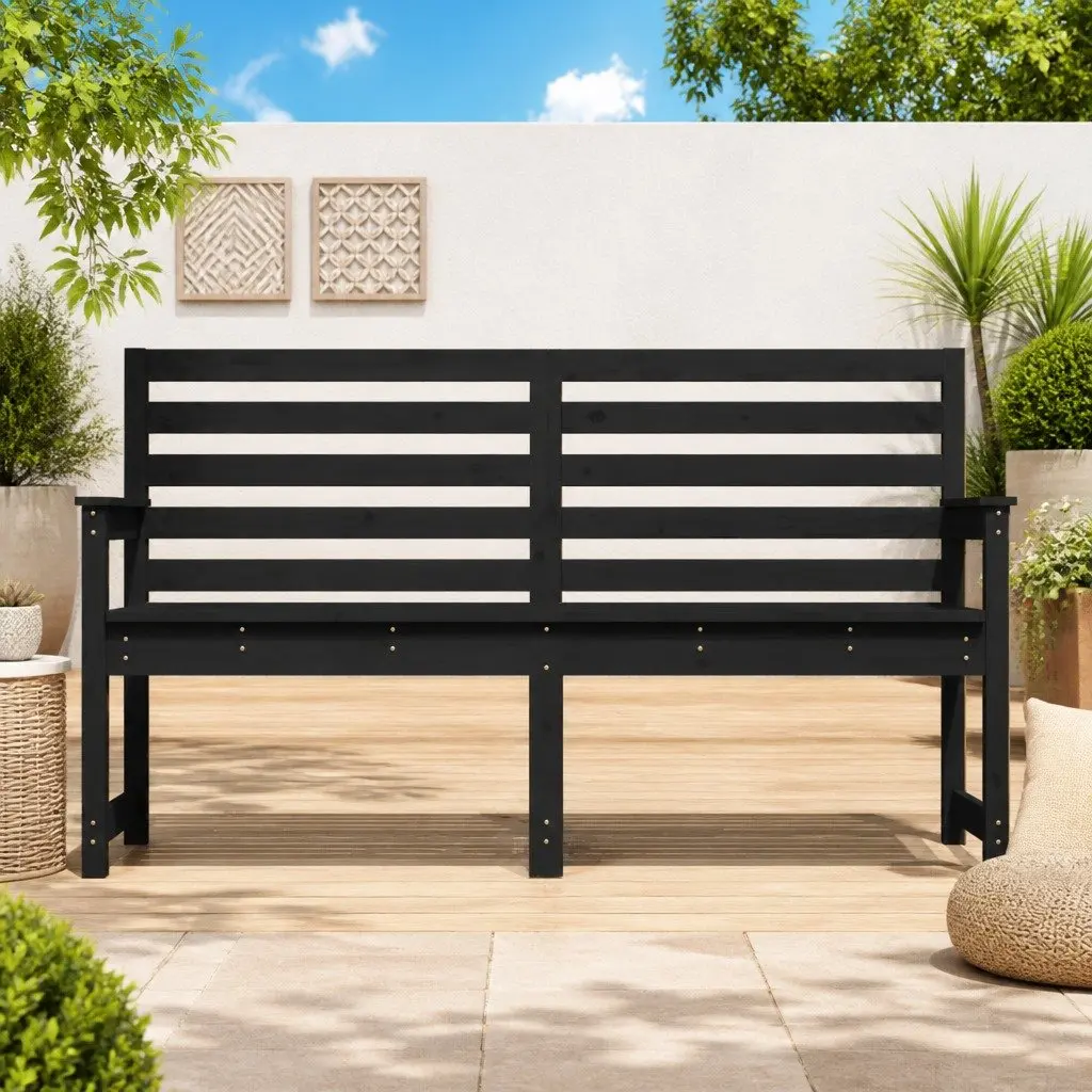Garden Bench Outdoor Seating Black Wooden Backrest Armrest 159.5 x 48 x 91.5 cm