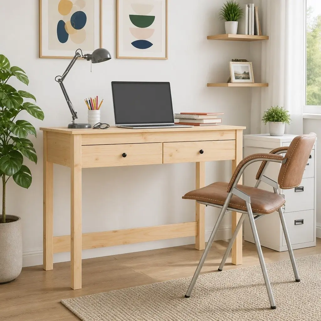 Solid Pine Wood Desk with 2 Drawers Office Study Table 100x50x78 cm Brown