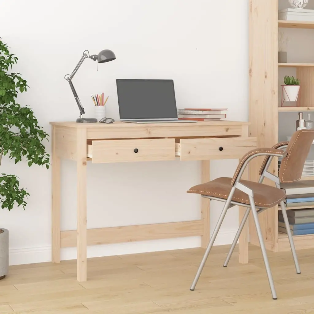 Solid Pine Wood Desk with 2 Drawers Office Study Table 100x50x78 cm Brown