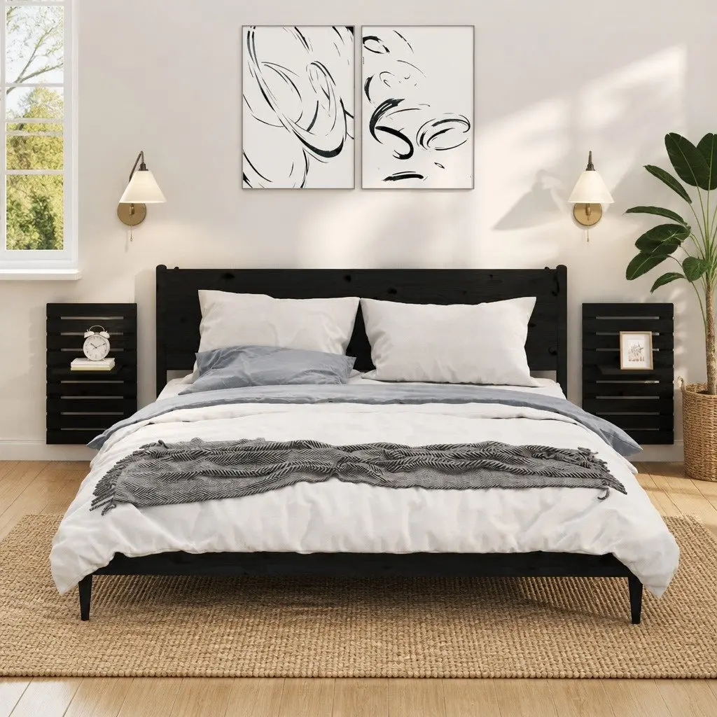 Wall-mounted Bedside Shelves Storage Display 2 pcs Black Solid Pine Wood