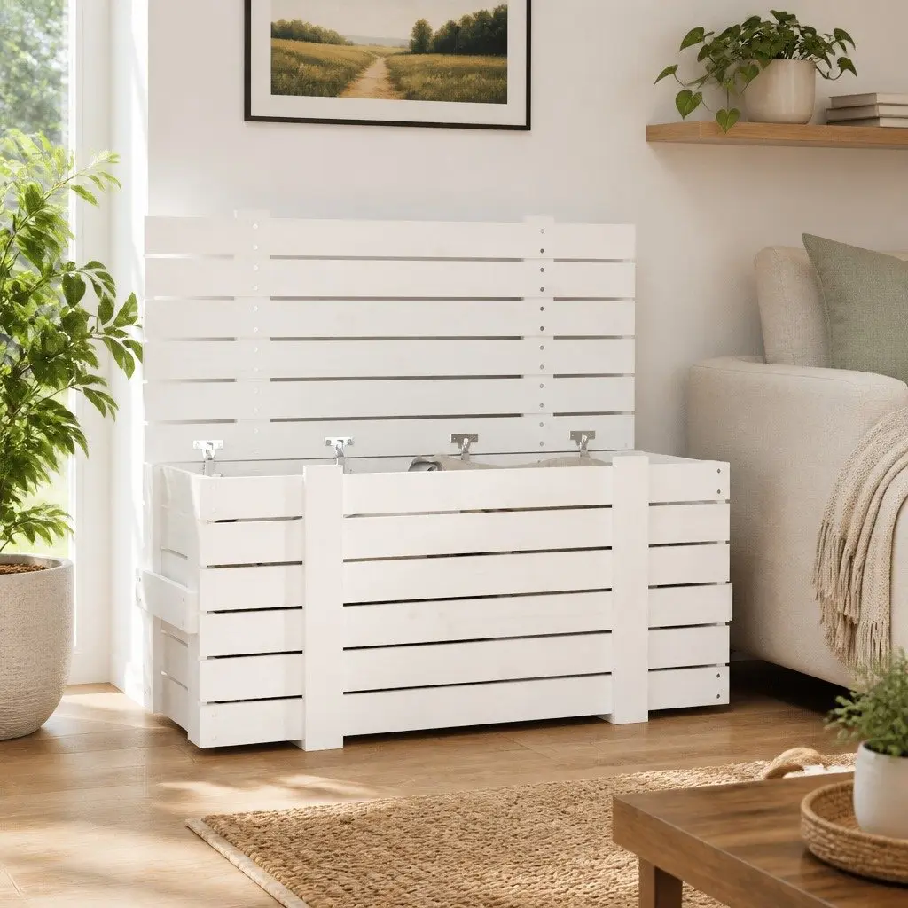 Storage Box White Solid Wood Pine Household Organiser Chest with Lid 91 x 40.5 x 42 cm