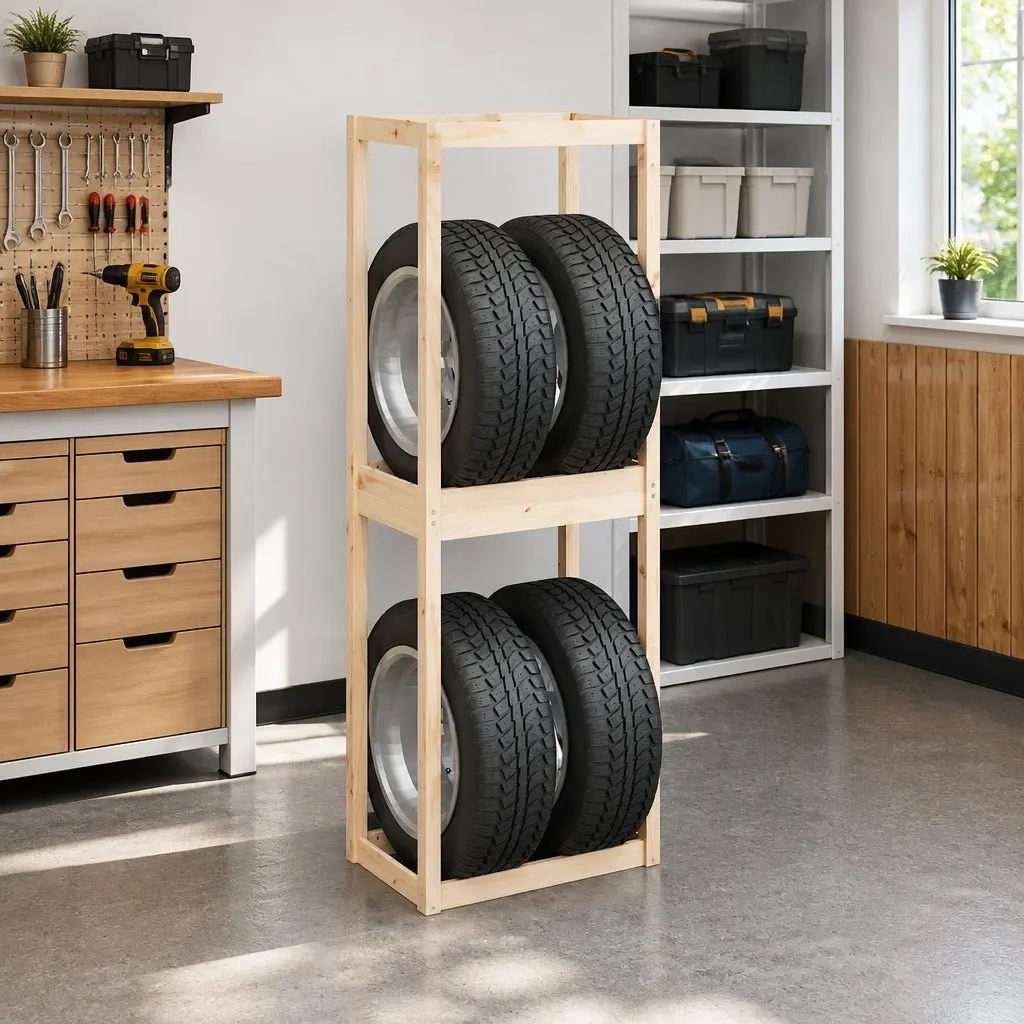 Tire Rack Solid Pine Wood Storage Shelf Garage Workshop Basement Organiser Brown 63x40x180 cm