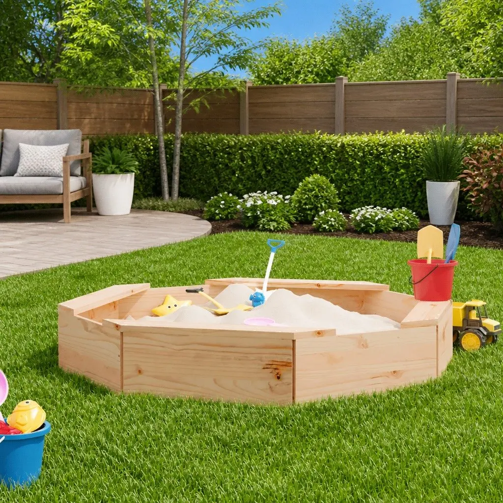 Wooden Sandbox Octagon Outdoor Play Pit with 4 Seats Brown
