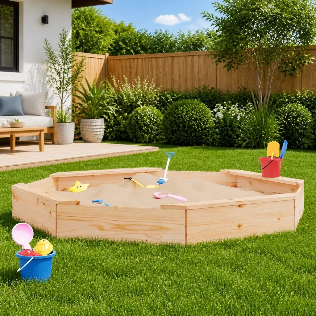 Wooden Sandbox Octagon Outdoor Play Equipment Brown with 4 Seats