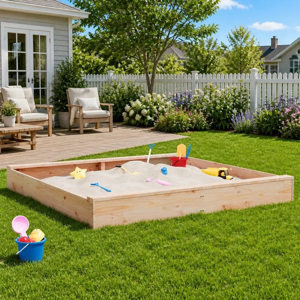 Wooden Sandbox Outdoor Play Equipment Square Solid Pine Wood with Seats Brown