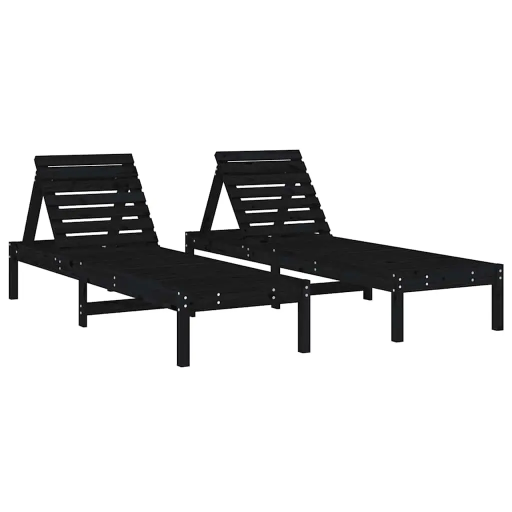 Black Solid Wood Reclining Chair 2 Piece Sun Loungers Outdoor Garden Patio Adjustable Backrest