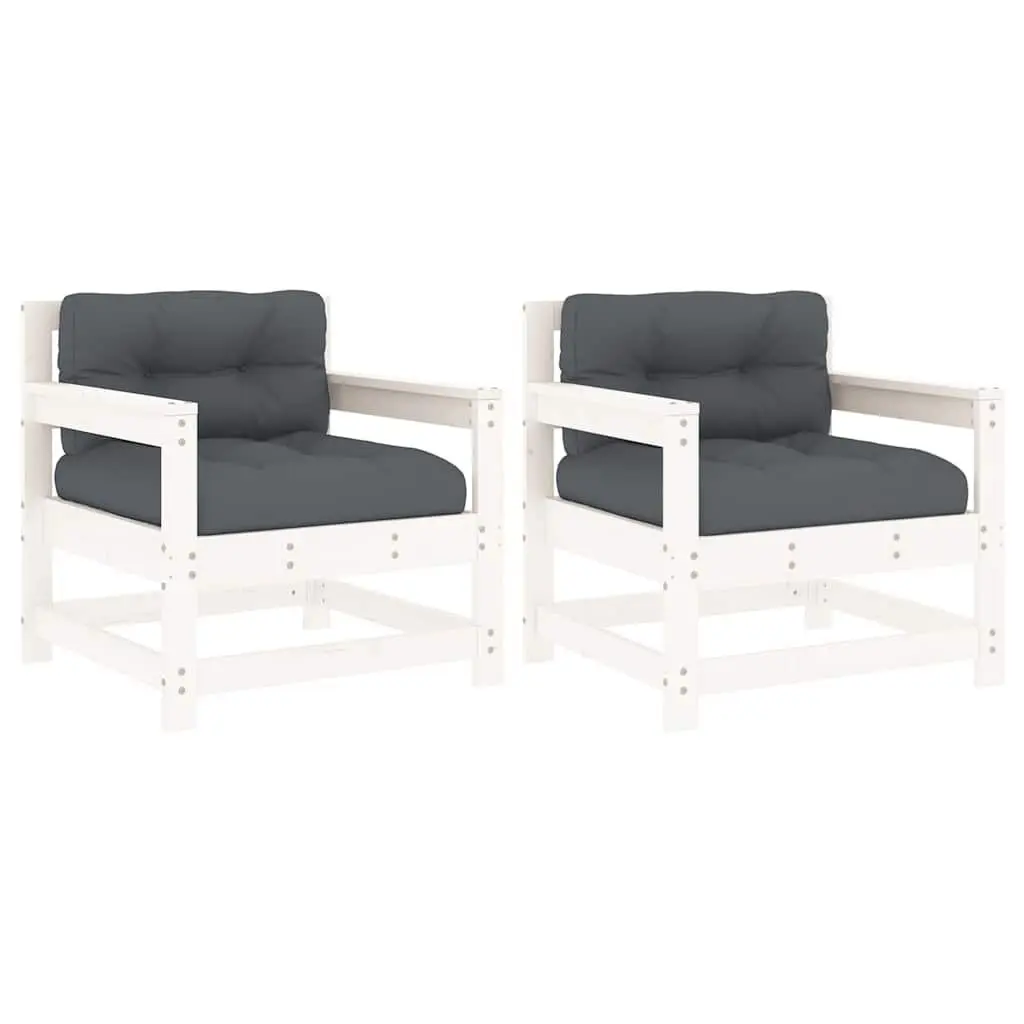 Garden Chairs with Cushions 2 pcs White Wood Patio Outdoor Seating Armrest
