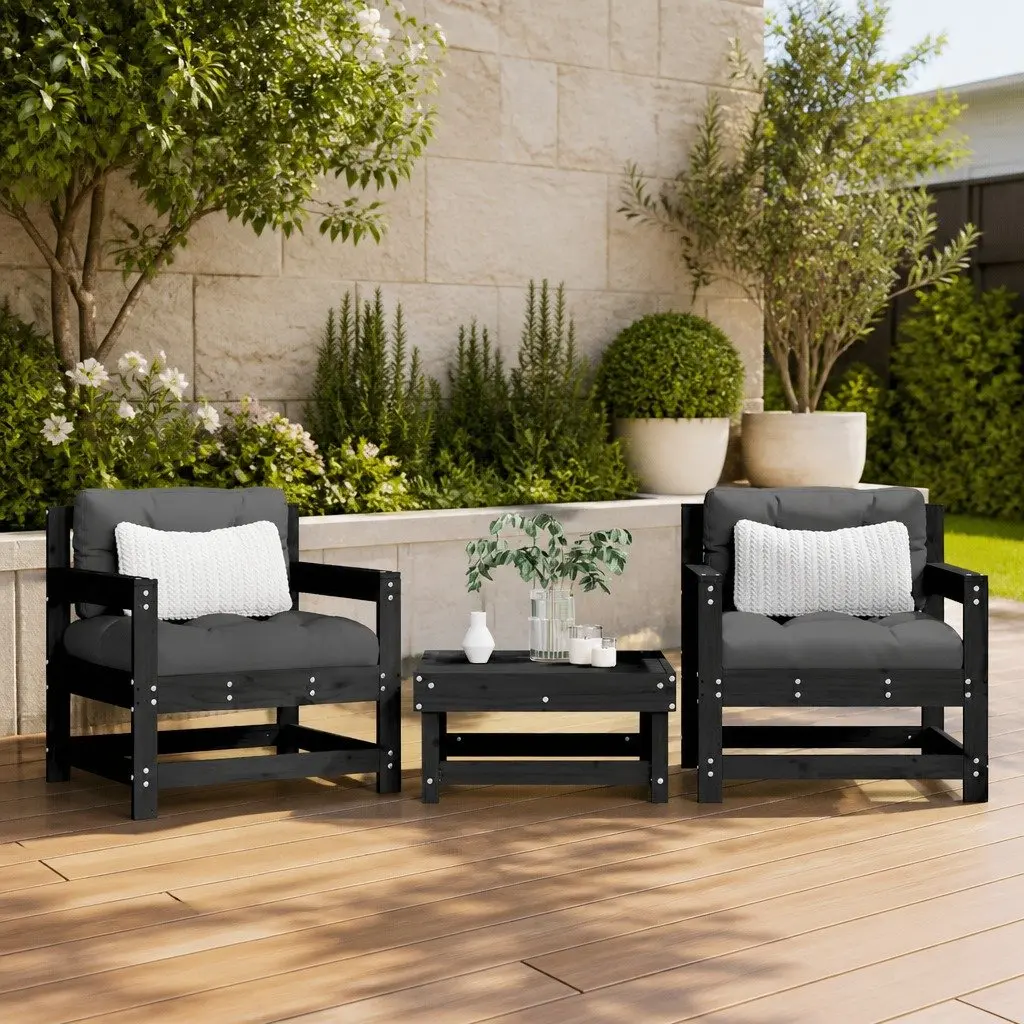 Wooden Garden Chairs with Cushions 2 Pcs Black Patio Seating Set