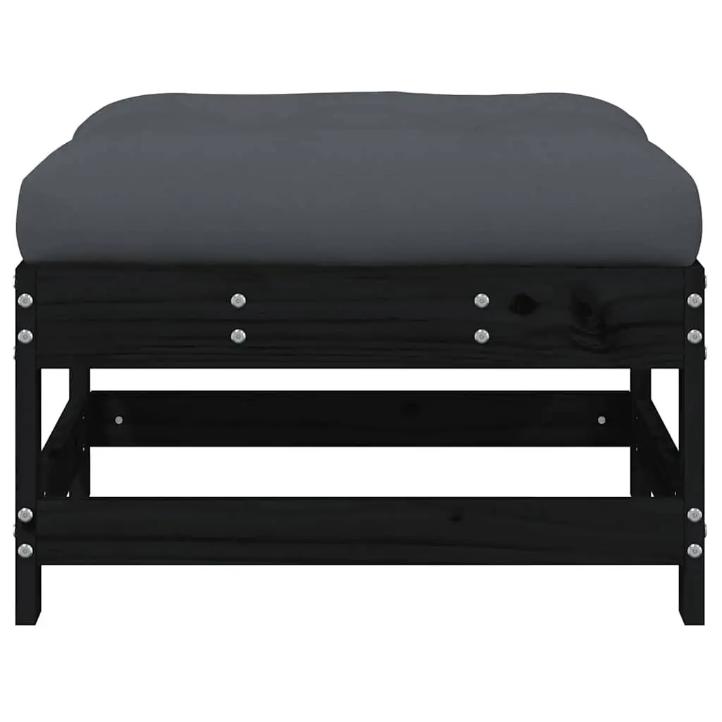 Outdoor Garden Footstools with Cushions Set of 2 Black Wood Patio Seating