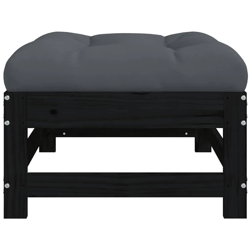 Outdoor Garden Footstools with Cushions Set of 2 Black Wood Patio Seating