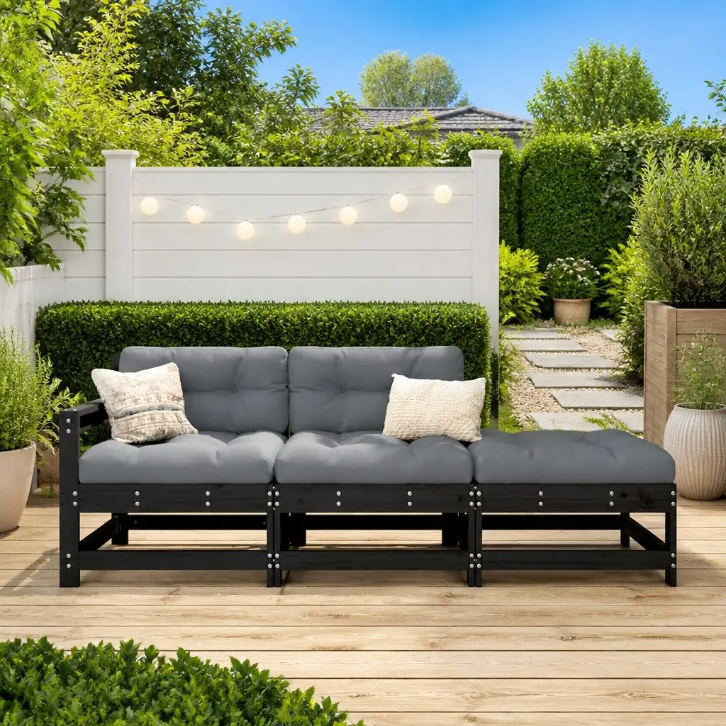 Outdoor Lounge Set Garden Sofa 3 Piece Black Cushions