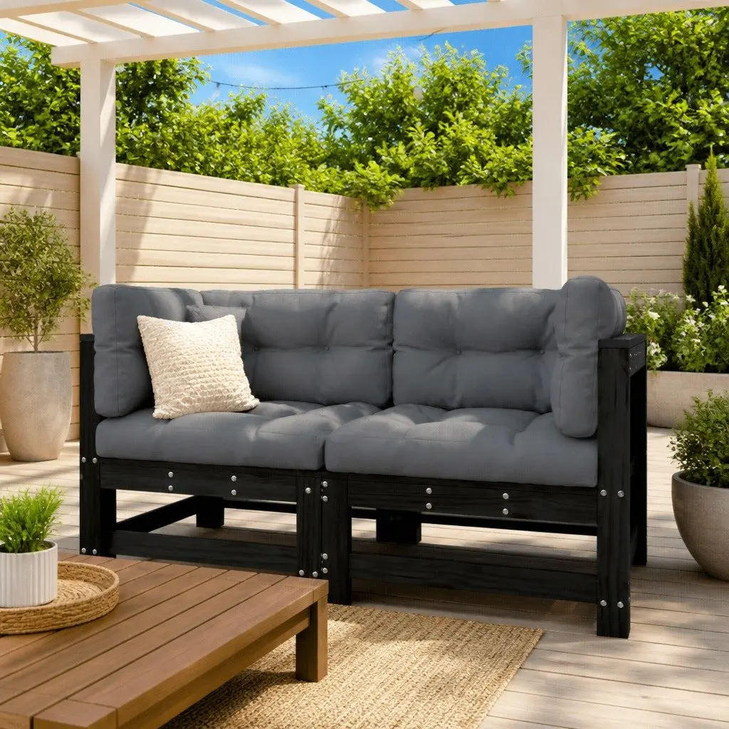 Corner Sofa with Cushions Black Solid Pine Wood Garden Patio Outdoor Sectional