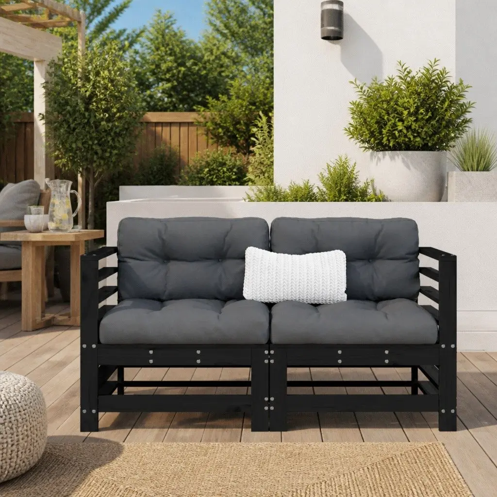 Corner Sectional Outdoor Sofa 2 pcs Black Cushions Garden Patio Seating