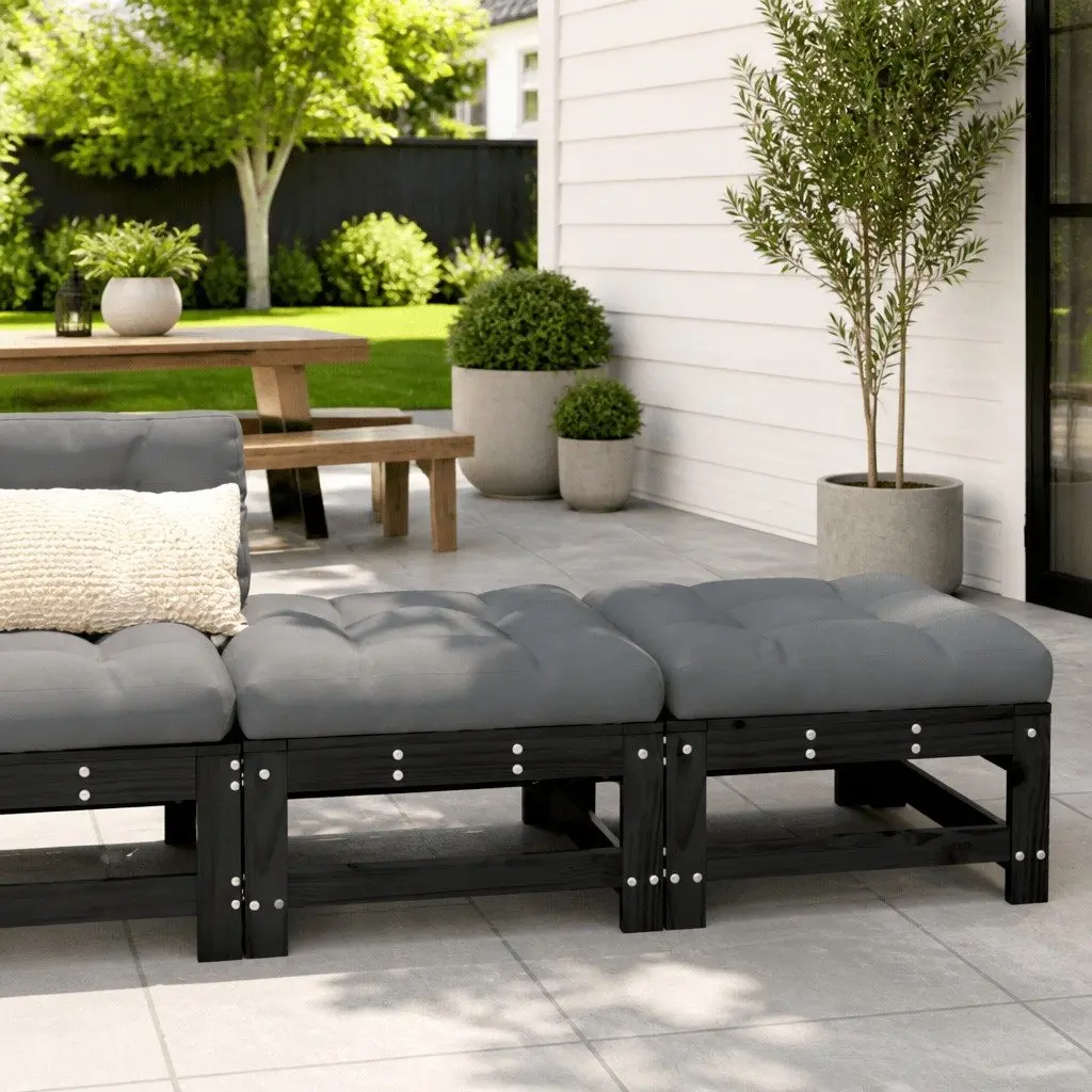 Outdoor Footstools with Cushions Solid Wood Patio Garden Seating 2 Pieces Black