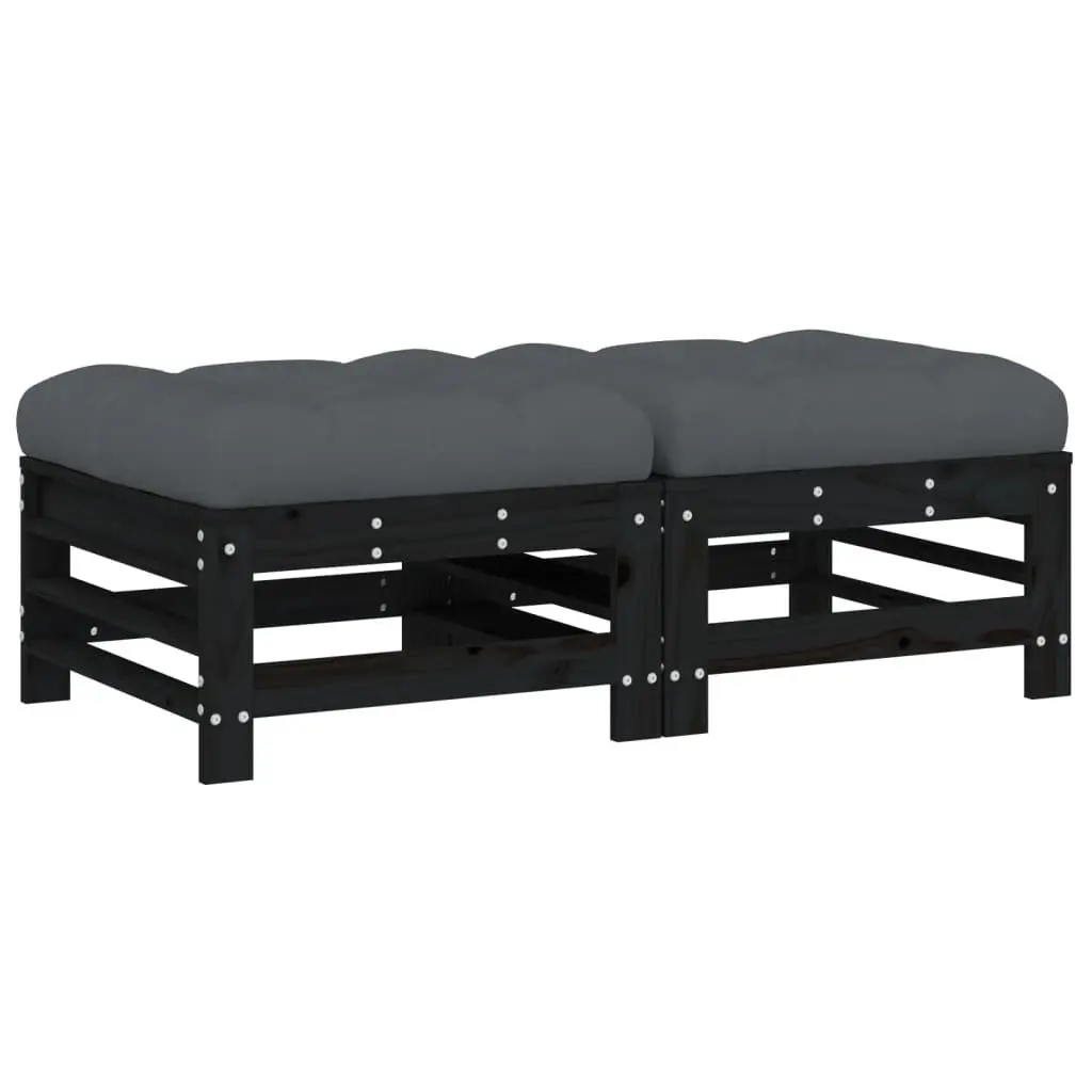 Outdoor Footstools with Cushions Solid Wood Patio Garden Seating 2 Pieces Black