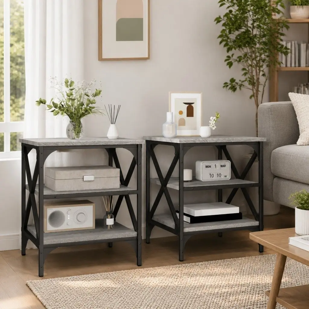 End Tables Grey Engineered Wood Side Table Storage Accent Furniture 2 Piece