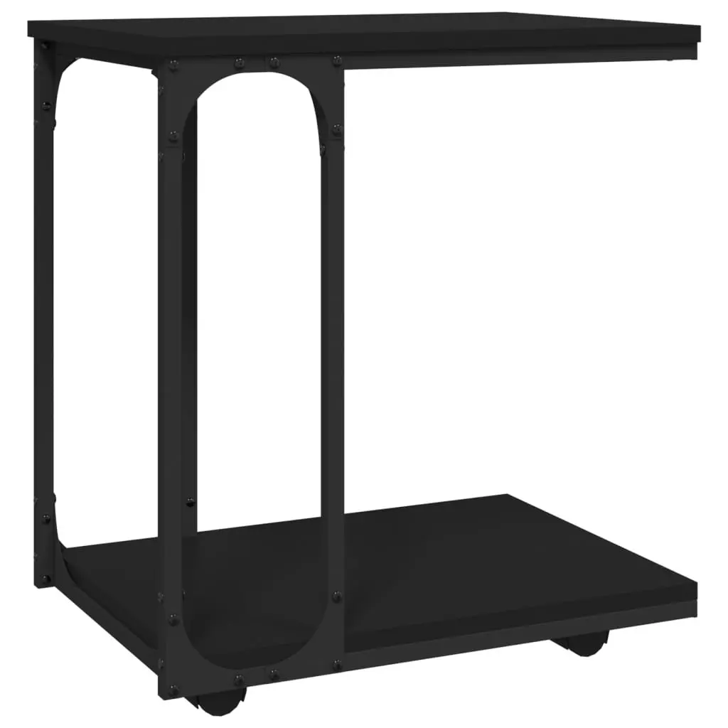 End Table with Wheels Storage Black C-Shape Design Living Room Accent Furniture