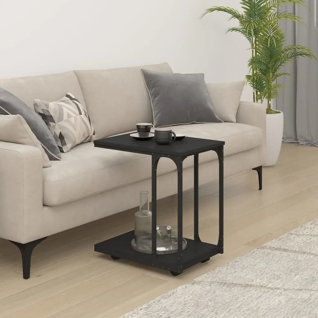 End Table with Wheels Storage Black C-Shape Design Living Room Accent Furniture