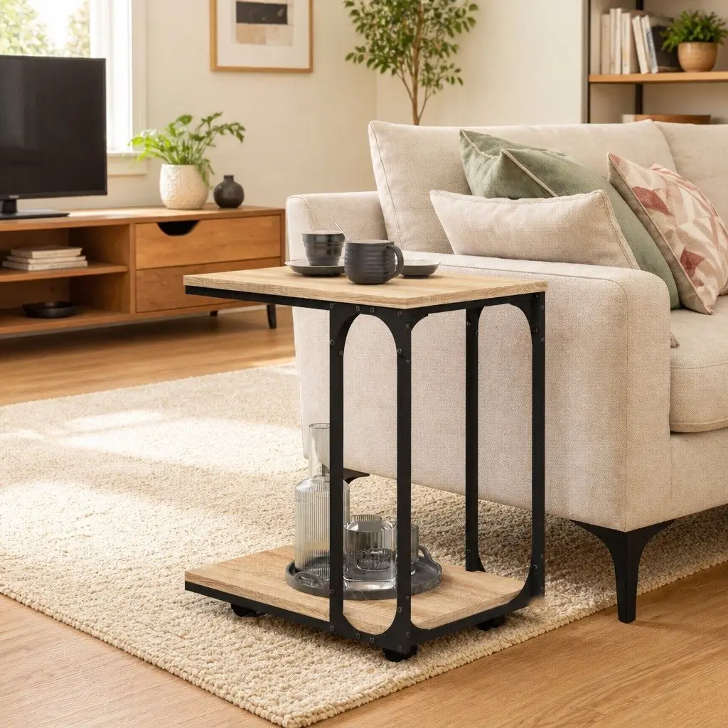 End Table with Wheels Engineered Wood Storage Accent Side Table Brown C-Shape