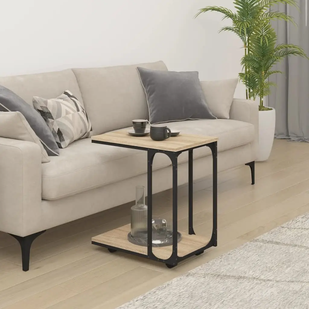 End Table with Wheels Engineered Wood Storage Accent Side Table Brown C-Shape