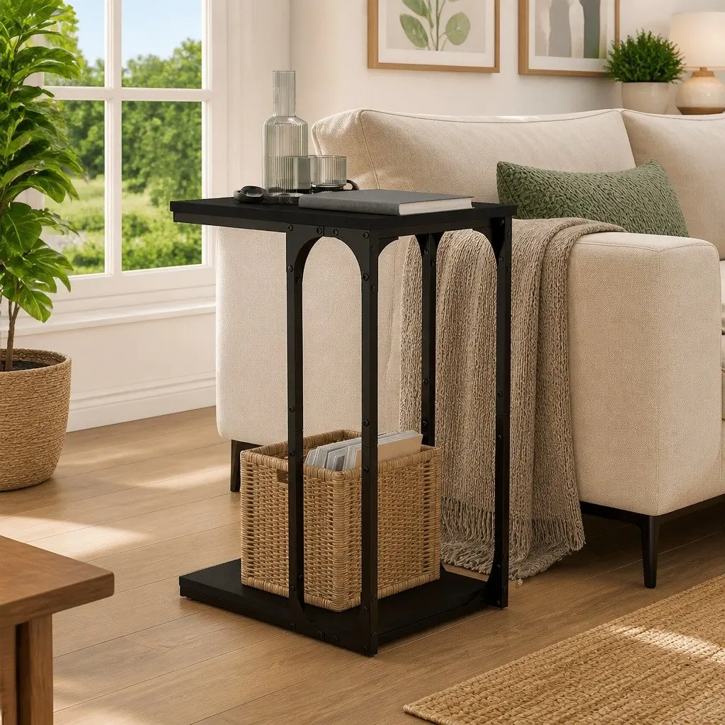 Black C-Shape Accent Table with Storage Space