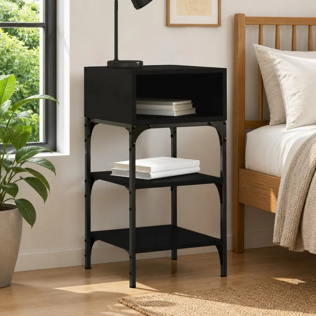 Bedside Table Black Engineered Wood Nightstand 35x34.5x70cm Storage Cabinet