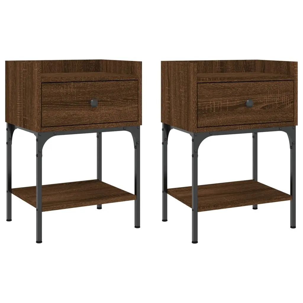 Bedside Tables 2 pcs Brown Oak Engineered Wood Nightstand Storage Cabinet Set