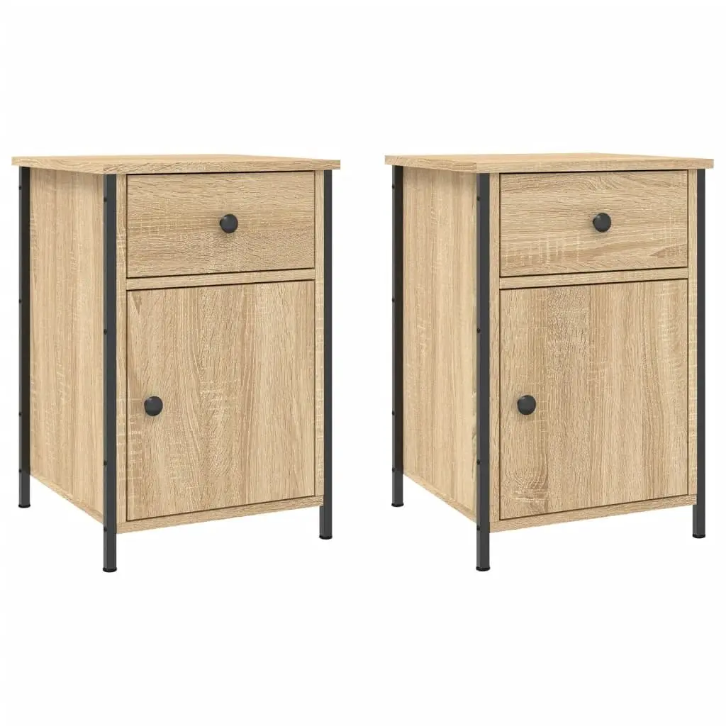 2 Piece Nightstand Brown Engineered Wood Bedroom Storage Cabinet