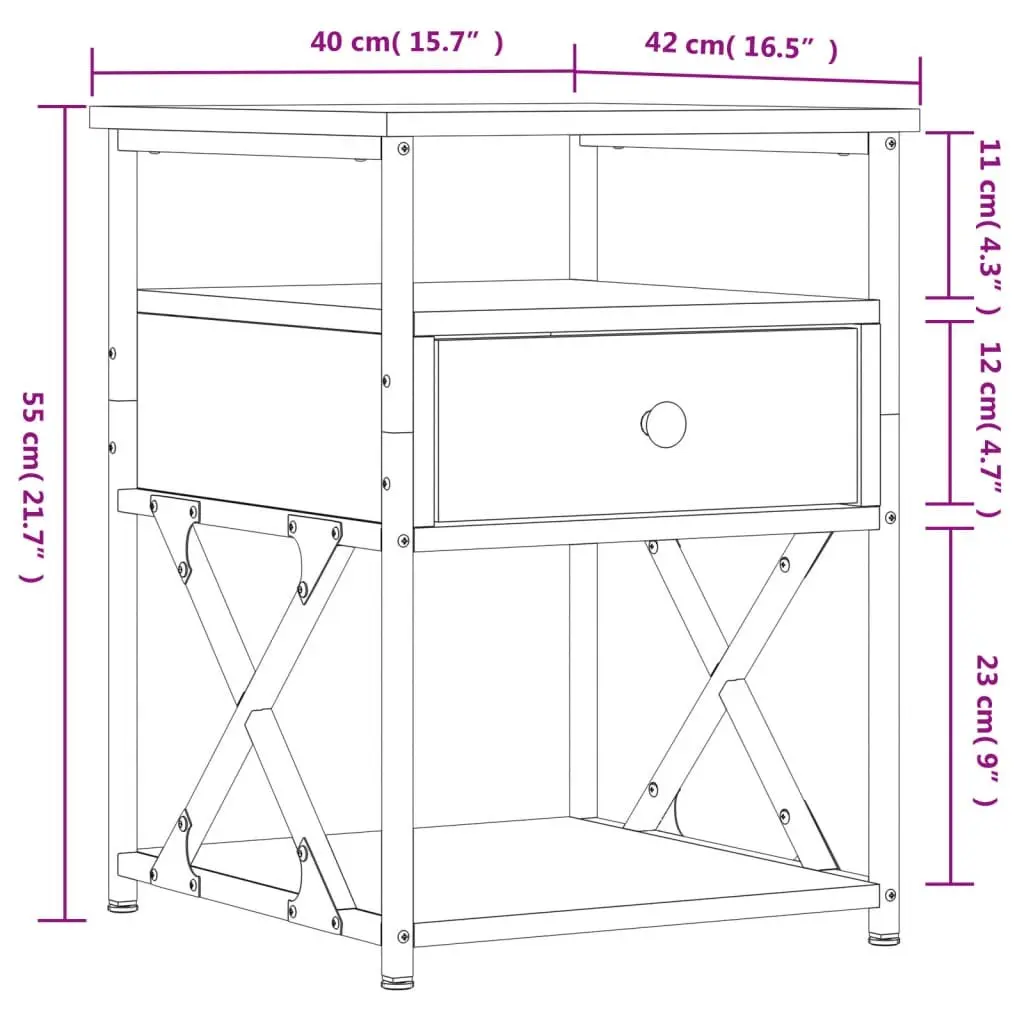 Bedside Cabinet Black Engineered Wood Storage Nightstand 40 x 42 x 55 cm