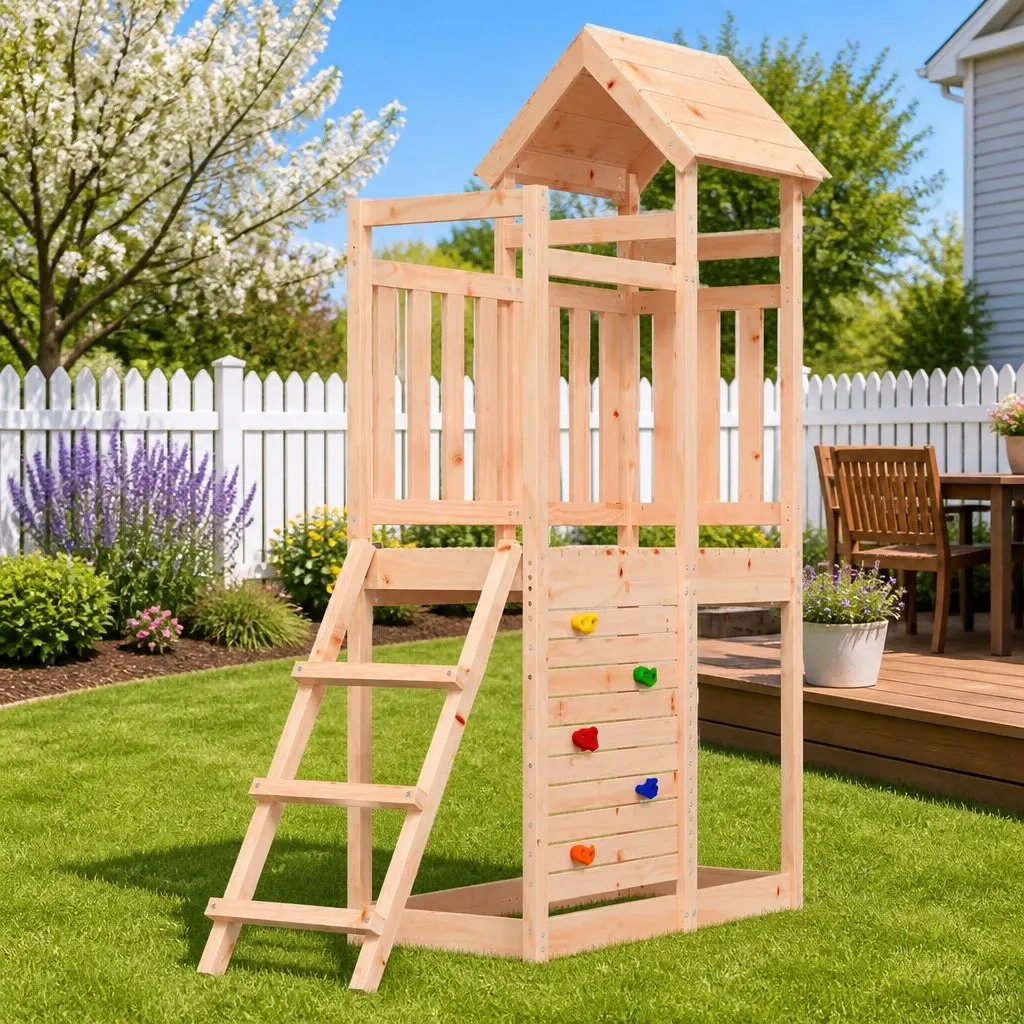 Wooden Climbing Frame with Rock Wall for Children