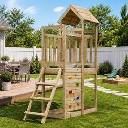 Wooden Playset with Rockwall: Practical Outdoor Fun