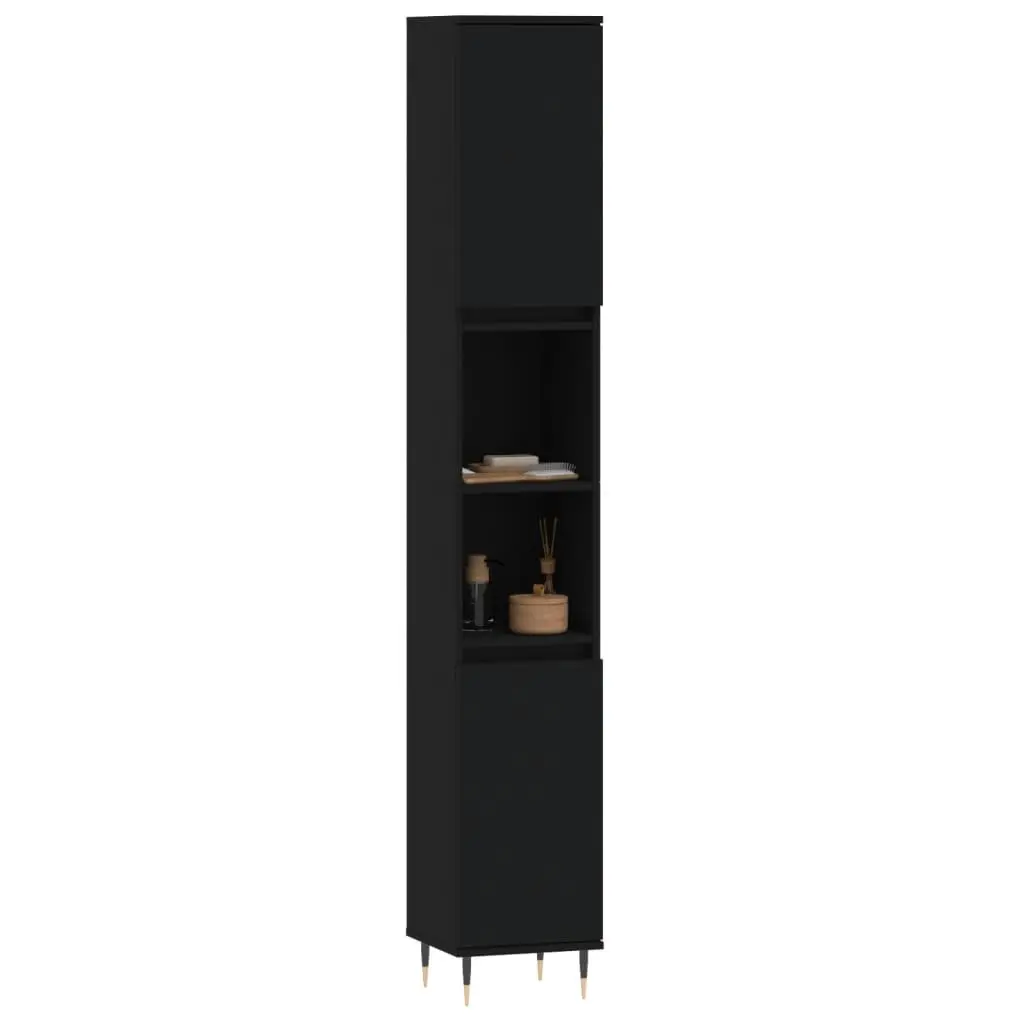 Bathroom Cabinet Black 30x30x190cm Engineered Wood Storage with Shelves and Doors