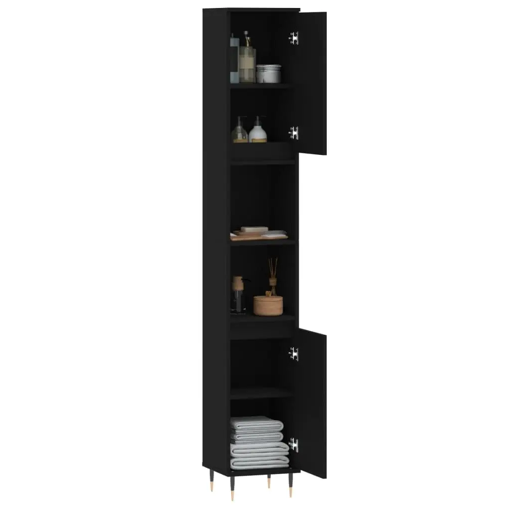 Bathroom Cabinet Black 30x30x190cm Engineered Wood Storage with Shelves and Doors