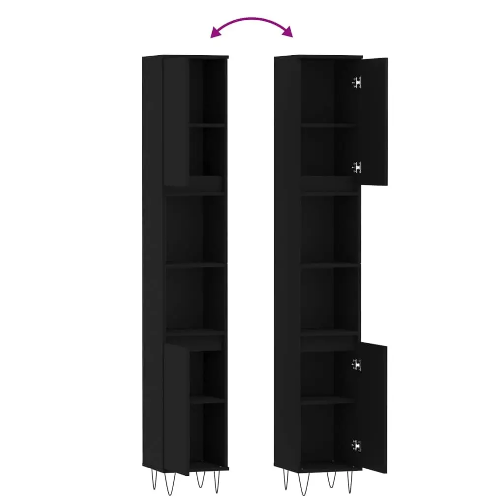 Bathroom Cabinet Storage Furniture 30x30x190 cm Black with Doors and Shelves