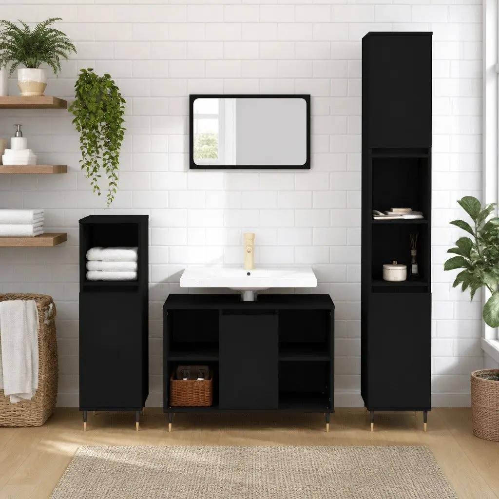 Bathroom Cabinet Black 30x30x100 cm Storage Furniture with Compartments