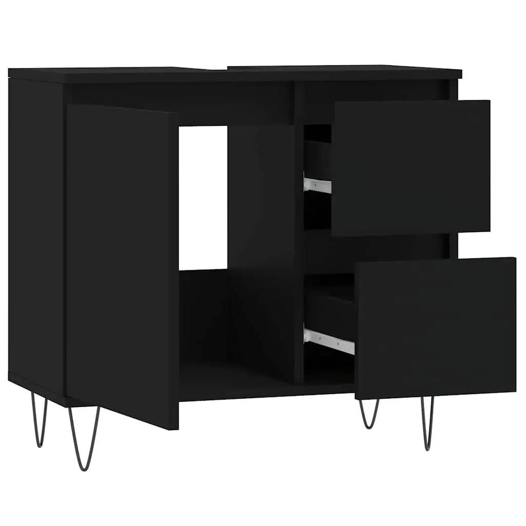 Black Bathroom Cabinet Engineered Wood Storage Unit with Drawers Door