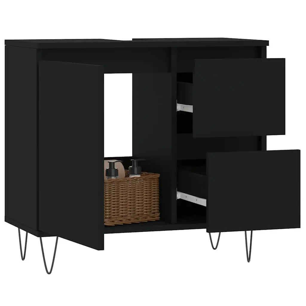 Black Bathroom Cabinet Engineered Wood Storage Unit with Drawers Door