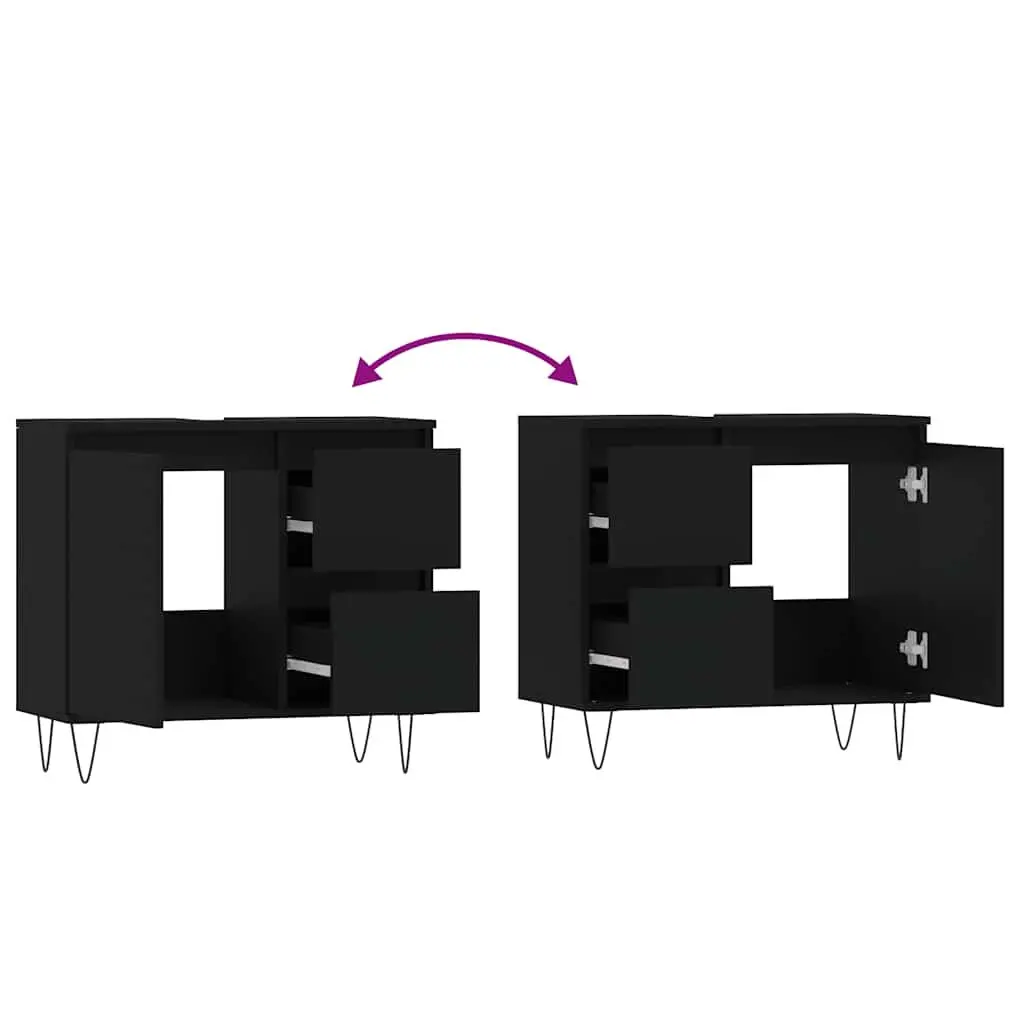 Black Bathroom Cabinet Engineered Wood Storage Unit with Drawers Door