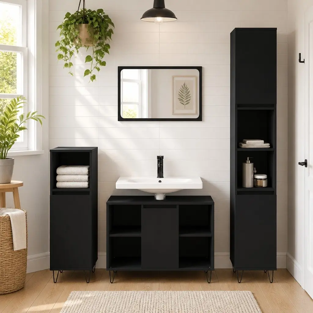 Bathroom Vanity Unit Black 80x33x60 cm Storage Cabinet with Door and Shelves