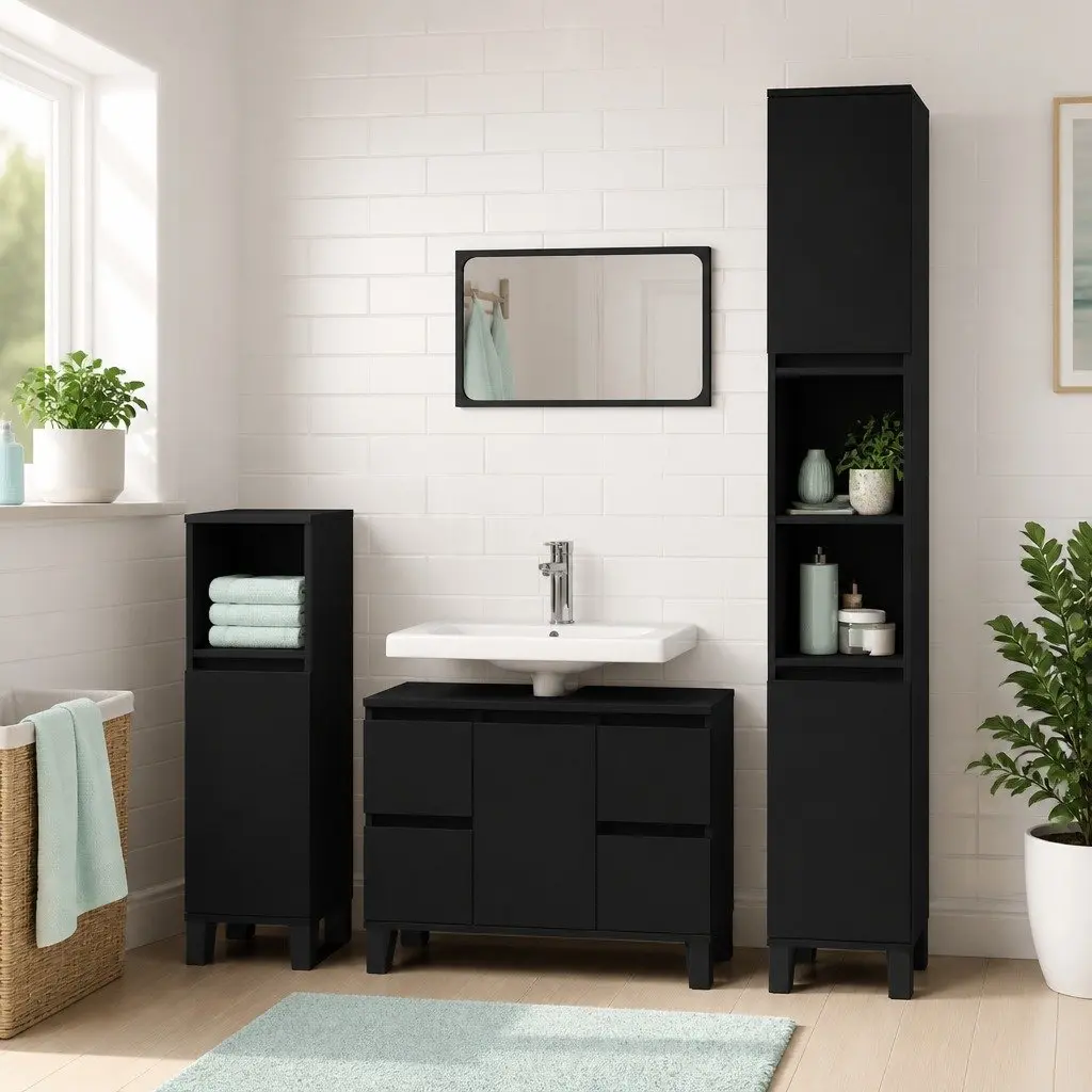 Bathroom Cabinet Storage 80x33x60 cm Black Engineered Wood Drawers