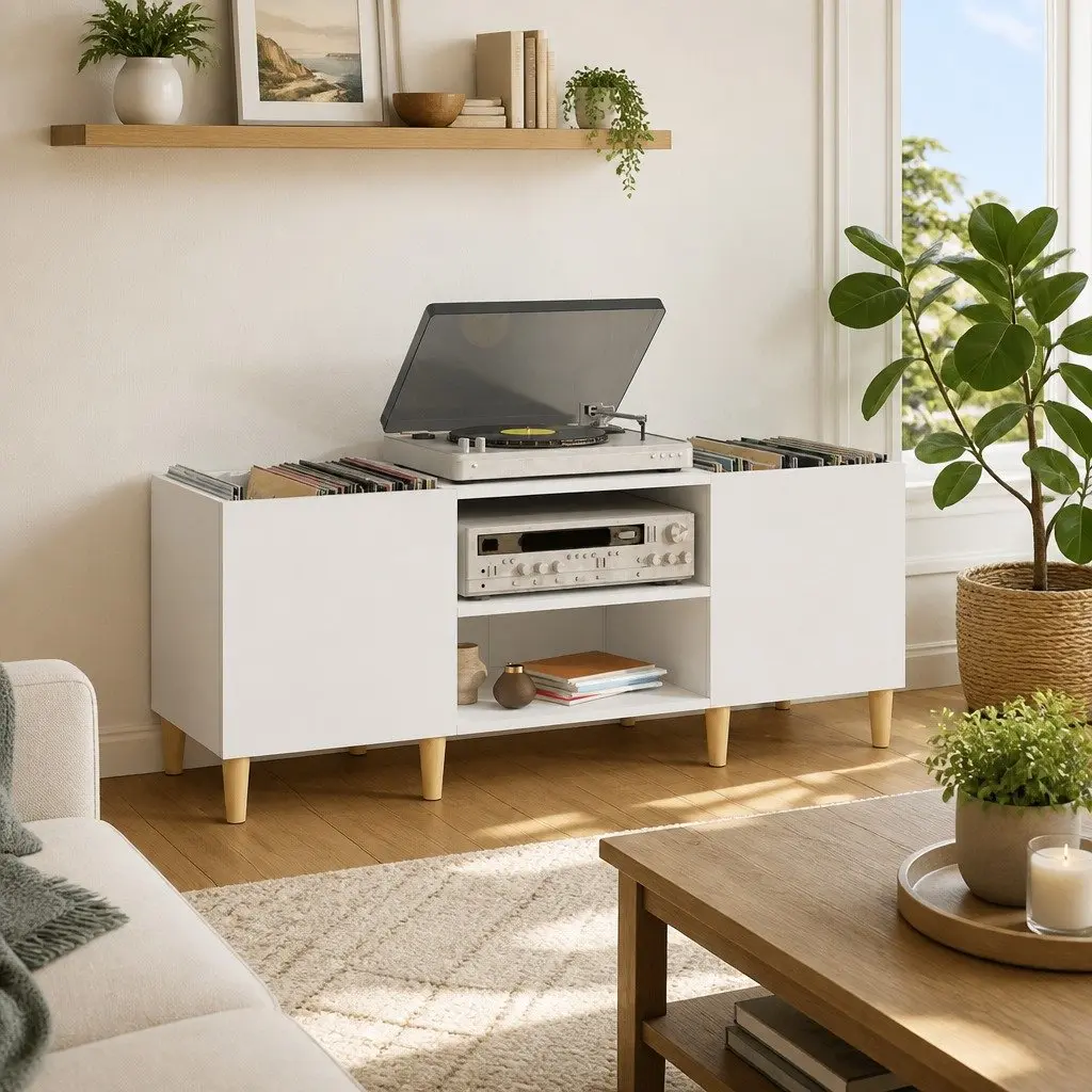 Record Storage Cabinet White Engineered Wood 121x38x48cm Vinyl LP Display