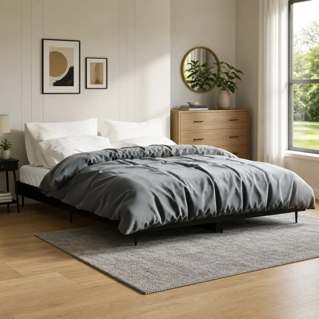 Bed Frame Black 135x190 cm Engineered Wood Slatted Base Metal Legs