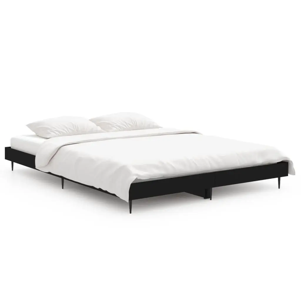 Bed Frame Black 135x190 cm Engineered Wood Slatted Base Metal Legs