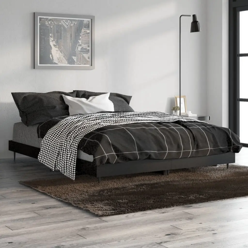 Bed Frame Black 135x190 cm Engineered Wood Slatted Base Metal Legs