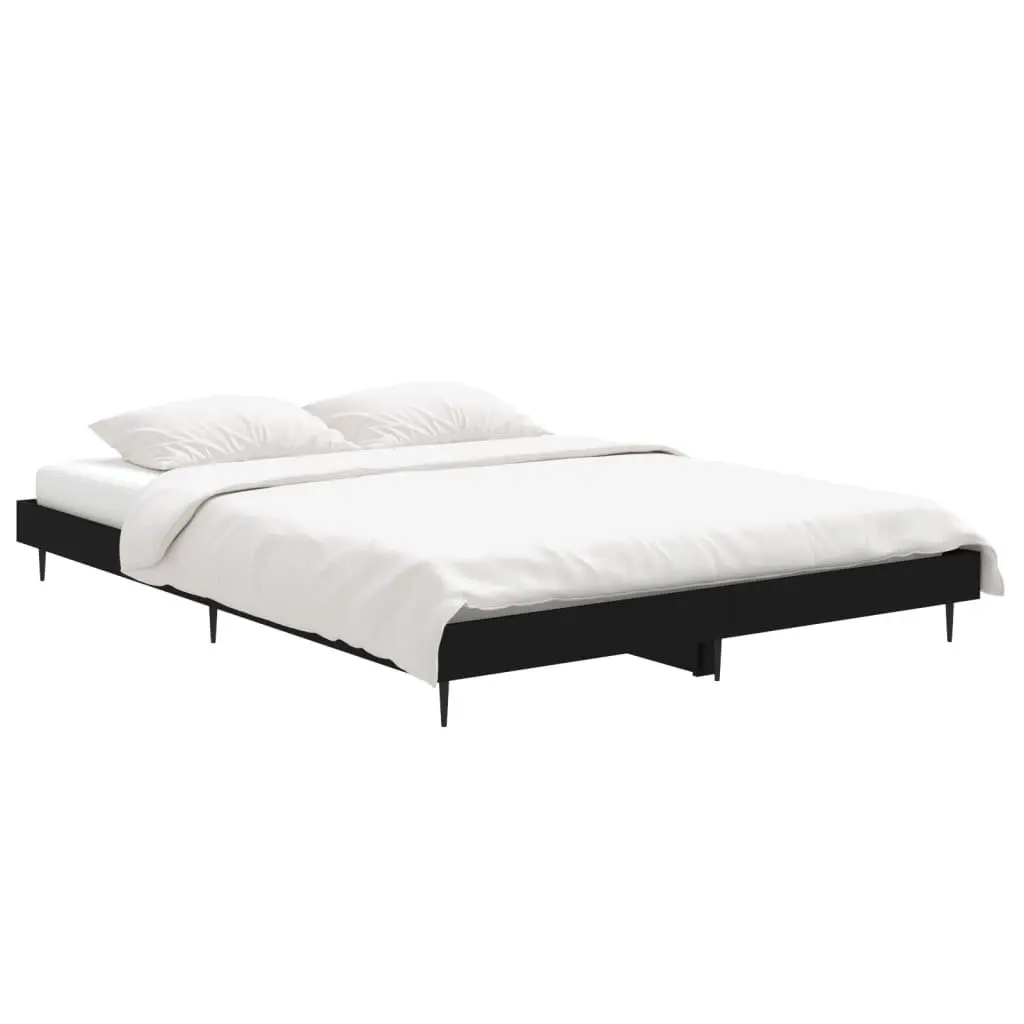 Bed Frame Black 135x190 cm Engineered Wood Slatted Base Metal Legs